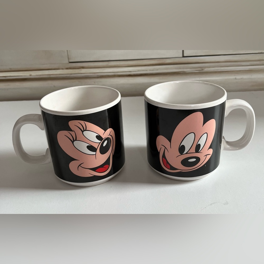 Vintage Applause Disney Mickey & Minnie Mouse Black Coffee Mugs Cups 12oz 2 set